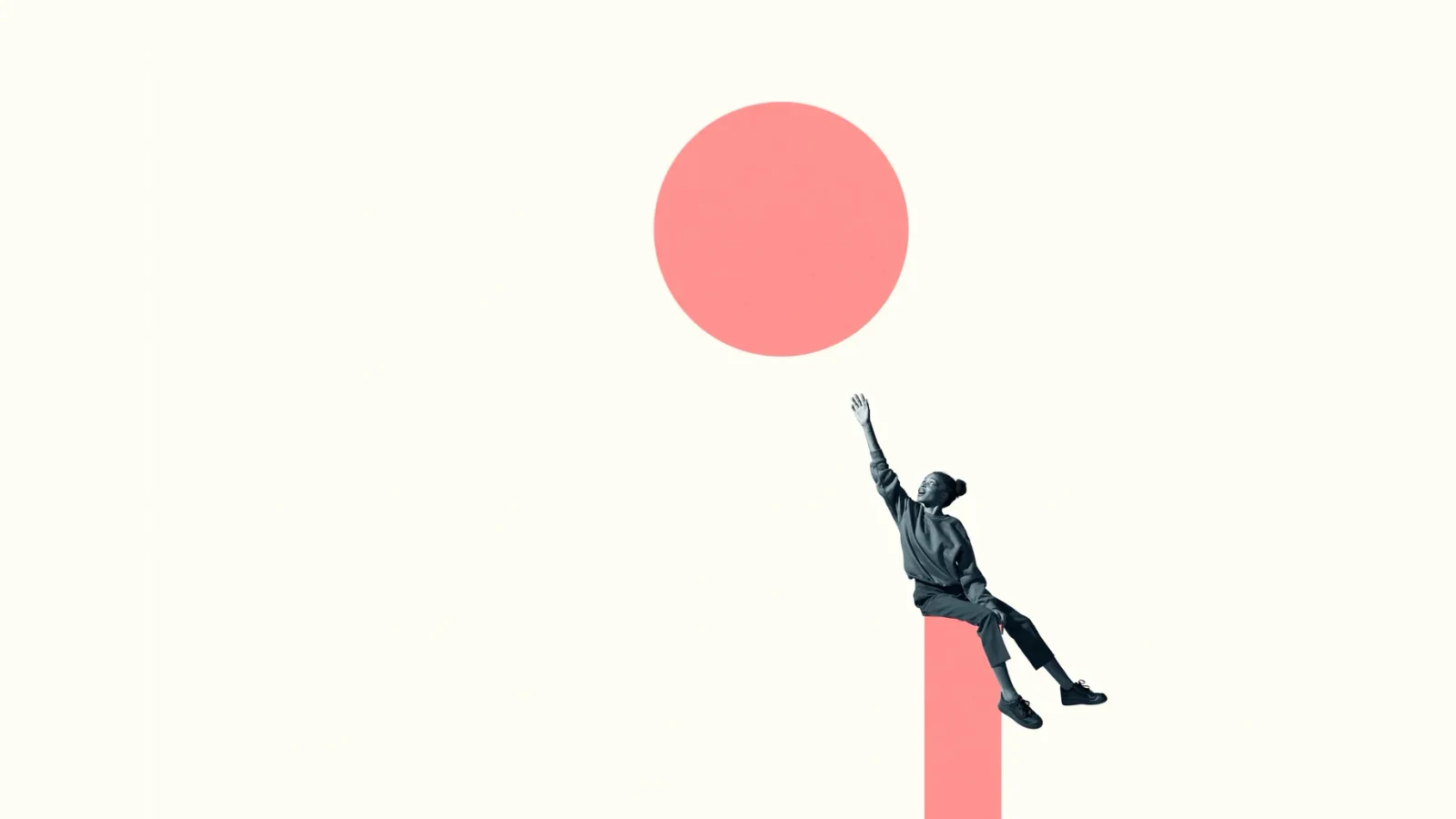 A young woman sitting on top of a tall pink column, reaching up toward a pink circle just beyond her fingertips.