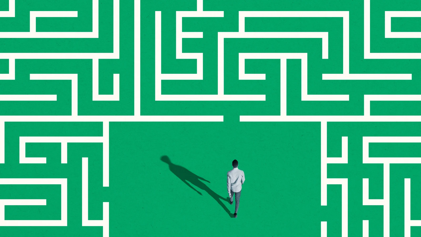 An overhead view of a lone figure walking into a clearing at the centre of a vast green and white maze.